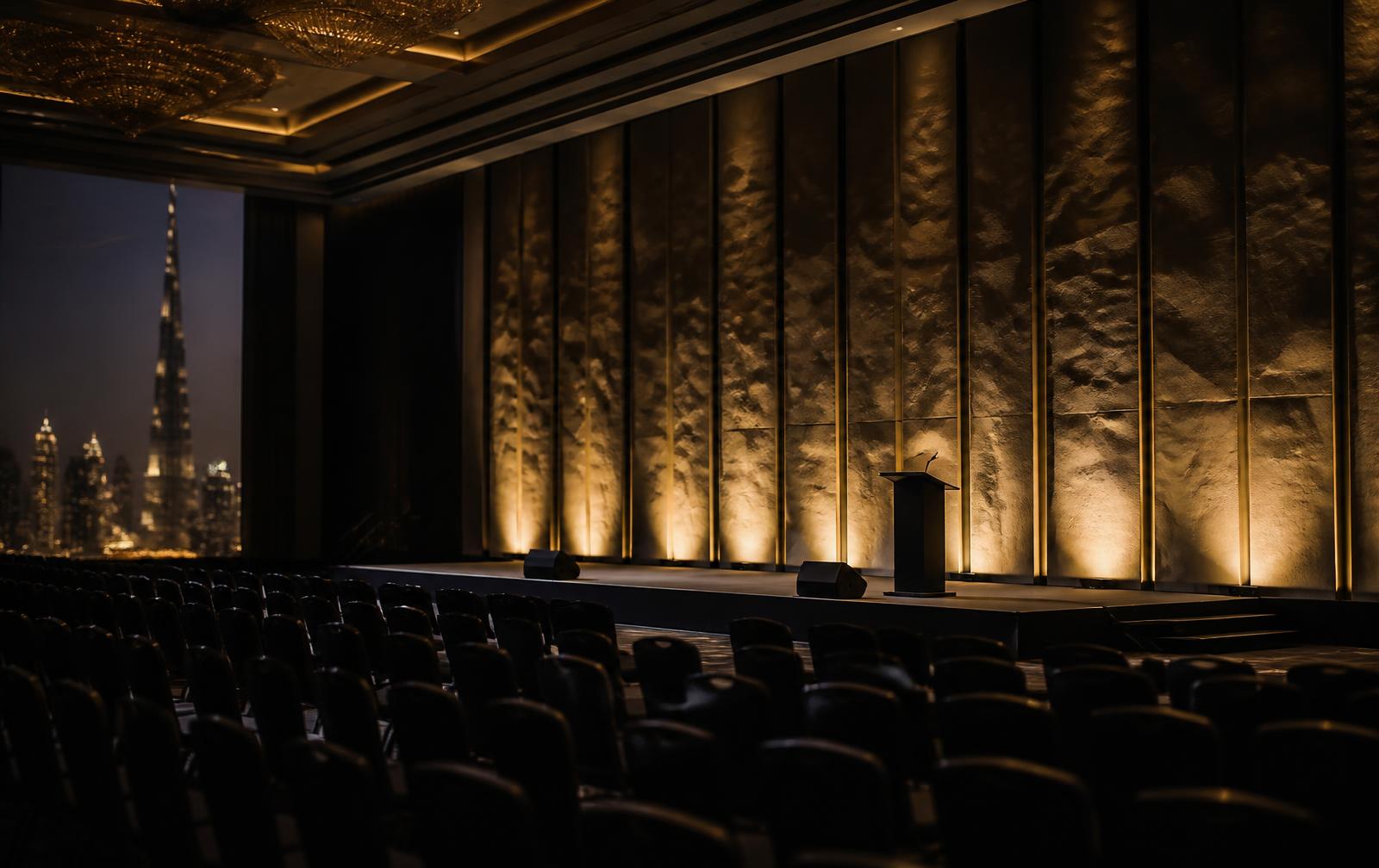 Gold-lit conference stage in Dubai before a keynote